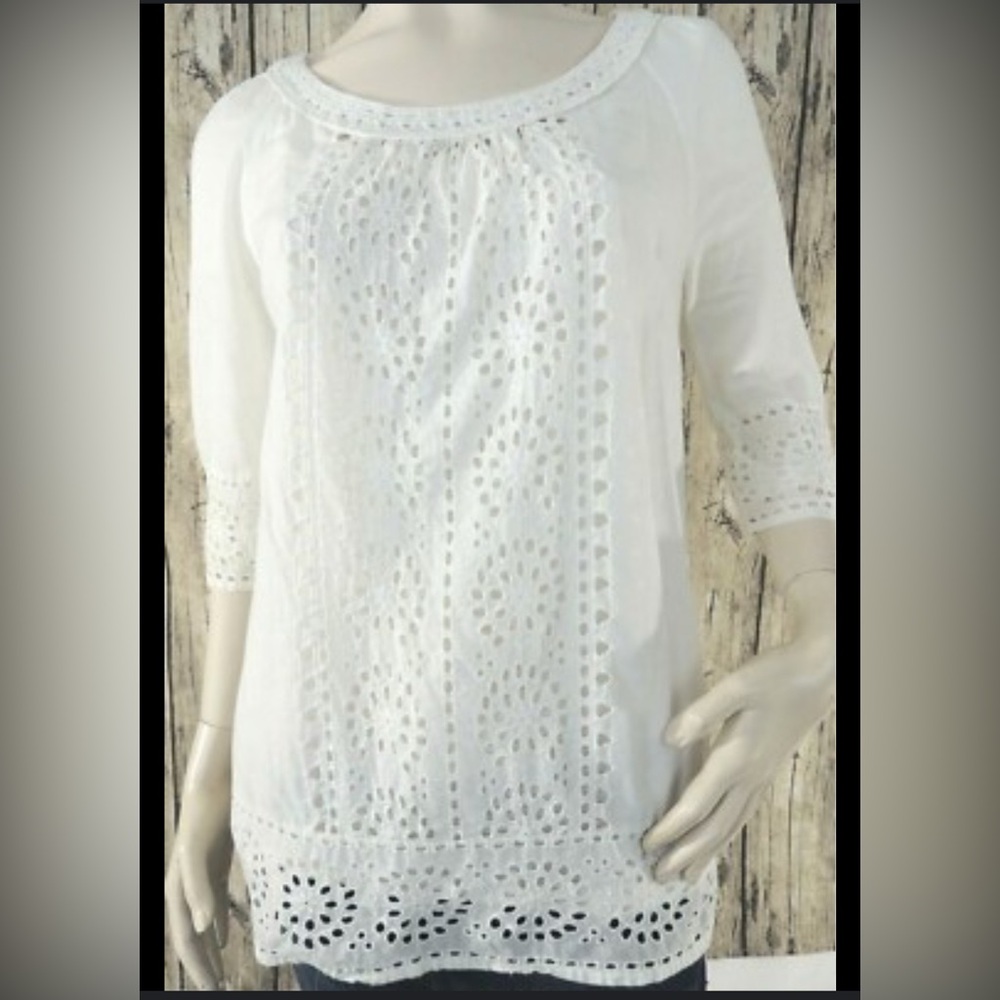 Jones New York White Embellished 3/4 Sleeve Blouse